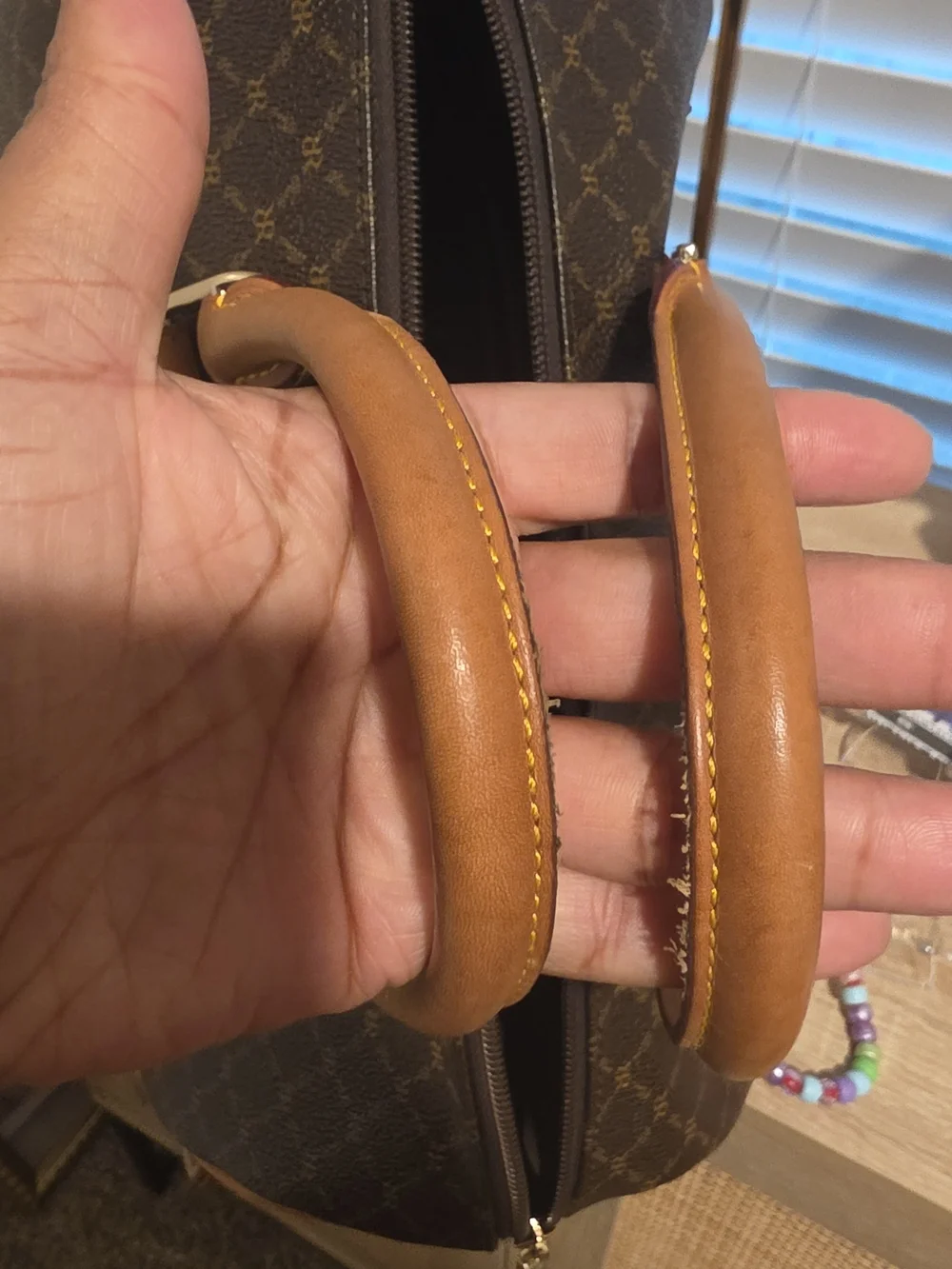 RIONI Brown Monogram Satchel Handbag with Tan Trim
